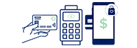 icon illustration of a debit card, payment terminal and phone