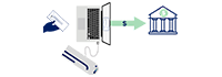icon illustration of a computer pointing at a bank